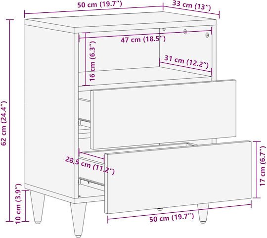 Solid Mango Wood Bedside Table 50x33x60cm