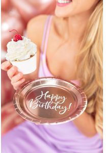PartyDeco Farfurii Desert Happy Birthday Rosegold 6 Buc