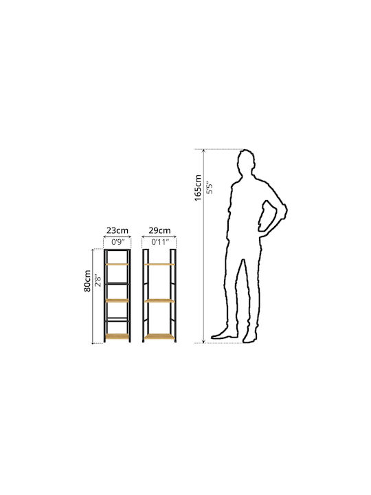 Bookcase Artemis-6080 Oak 3 Shelves 58.6x23.5x80cm Black Metal Frame