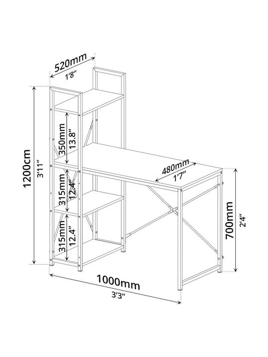 Ifestos Wooden Desk with Integrated Bookcase Black with Metal Legs 100x52x120cm