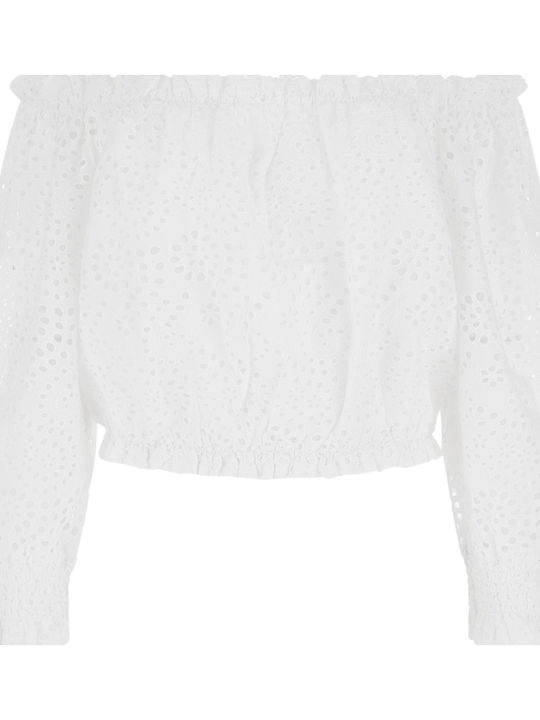 W3GH95WFDC0 Women's Summer Crop Top Off-Shoulder Cotton Long Sleeve with Boat Neckline White