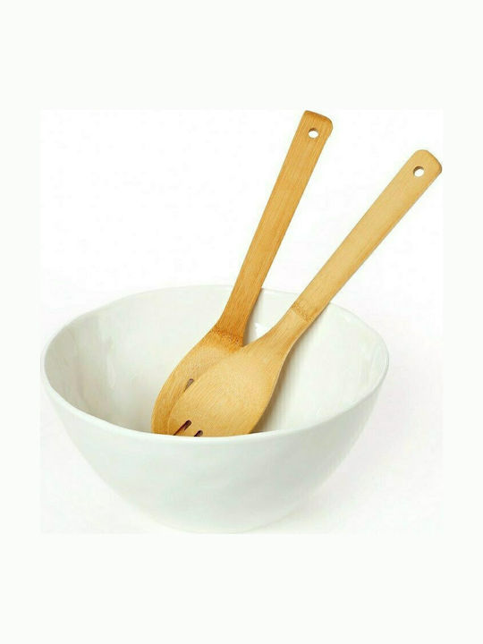 Cryspo Trio Porcelain Salad Bowl with Salad Spoons White 26x26x12cm 3pcs