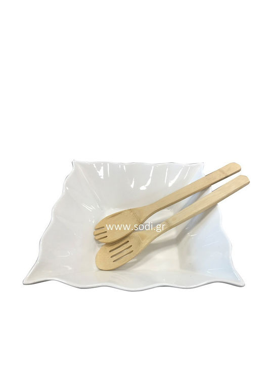 Cryspo Trio Square Porcelain Salad Bowl with Salad Spoons White 28x28x10cm 3pcs