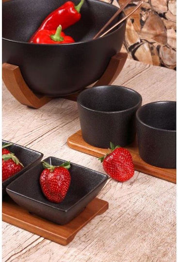 Cryspo Trio Acacia Platou pentru aperitive 3 Locuri cu Suport din Porțelan Neagră L10.5xl39.5cm 1buc