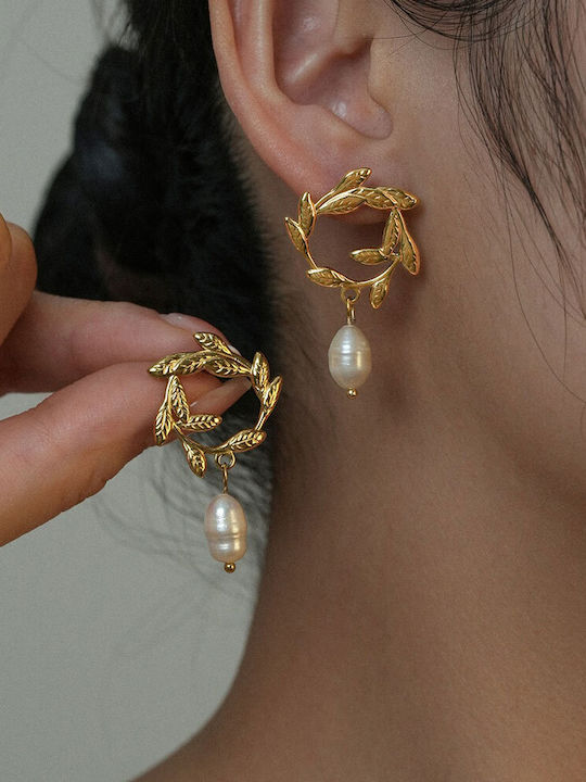 Awear Dangle Earrings Made of Steel Gold Plated with Pearls Awear Dangle Earrings Made of Steel Gold Plated with Pearls