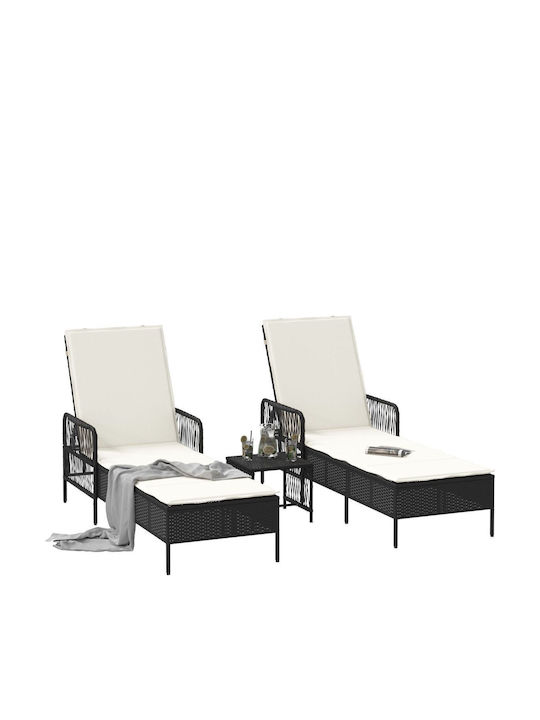 Liegestuhl Rattan mit Kissen Schwarz mit Tisch 2Stück 200x55x32cm.