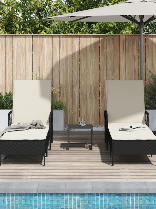 Liegestuhl Rattan mit Kissen Schwarz mit Tisch 2Stück 200x55x32cm.