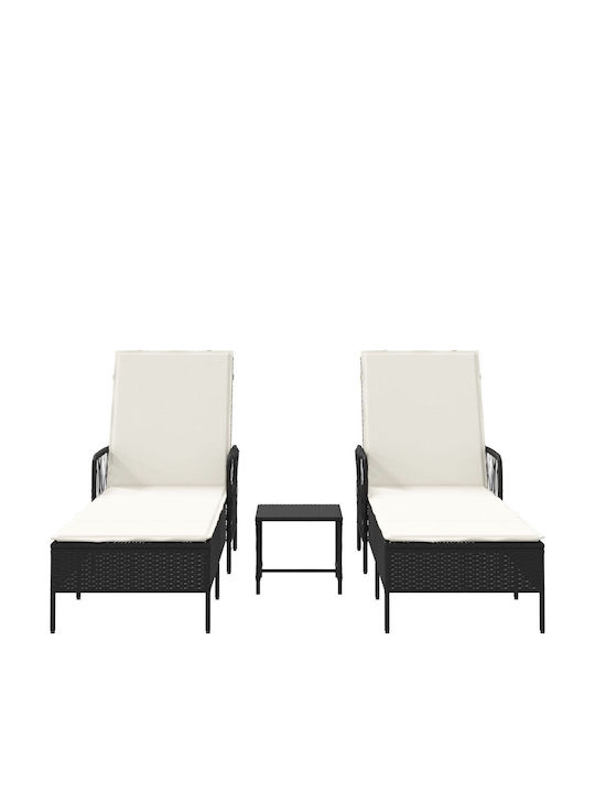 Liegestuhl Rattan mit Kissen Schwarz mit Tisch 2Stück 200x55x32cm.