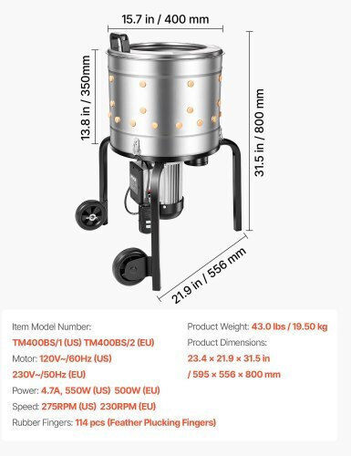Vevor Plucking Machine with Motor Power 500W and Drum Diameter 40cm