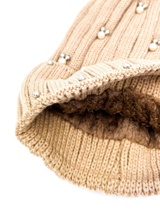Pom Pom Beanie Damen Fleece Strickmütze in Beigetönen