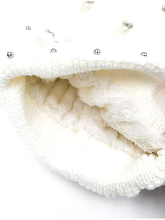 Pom Pom Beanie Damen Fleece Strickmütze in Weiß