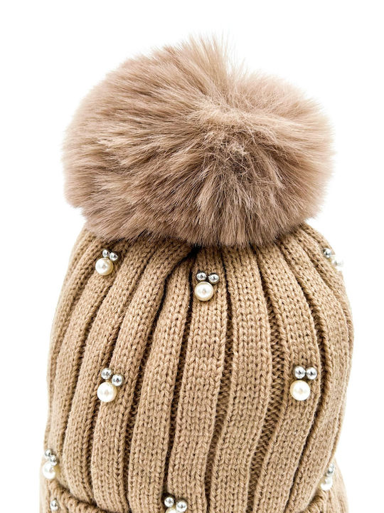 Pom Pom Beanie Damen Fleece Strickmütze in Beigetönen