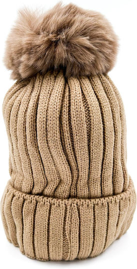 Pom Pom Beanie Women's Fleece Knitted Beanie in Beige Color