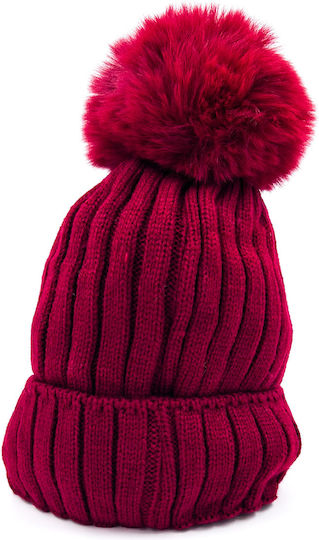 Pom Pom Beanie Women's Fleece Knitted Beanie in Red Color