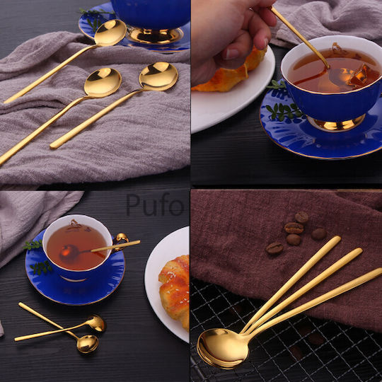 Set 6 Linguri Simple Puff Cafea Ceai Desert Inox Aurii 13 Cm