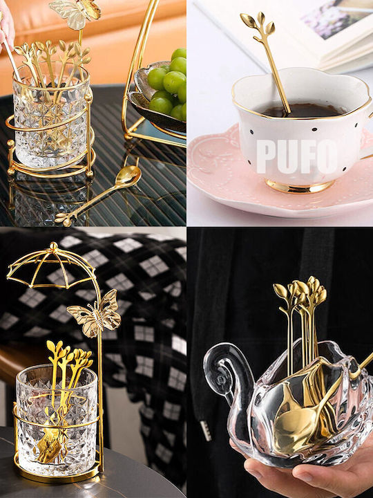 Set 6 Linguri Puff Leaf Cafea Ceai Desert Inox Mâner În formă de frunză Aurie 13 Cm