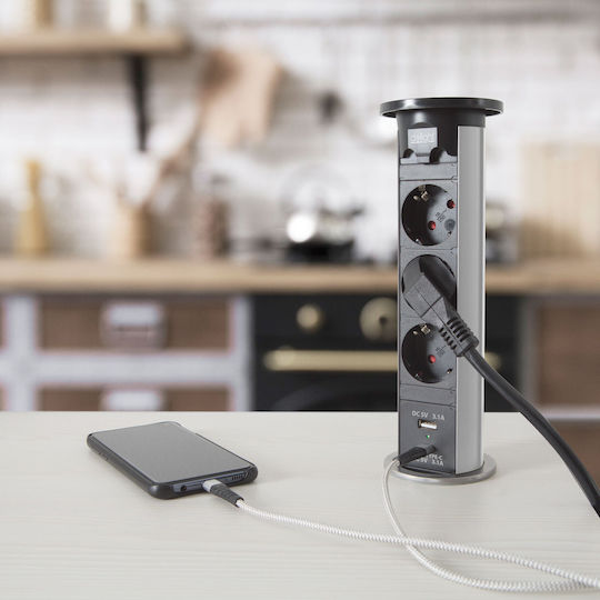 Delight Πολύπριζο με USB-A, Διακόπτη και Καλώδιο 1.5m Ασημί