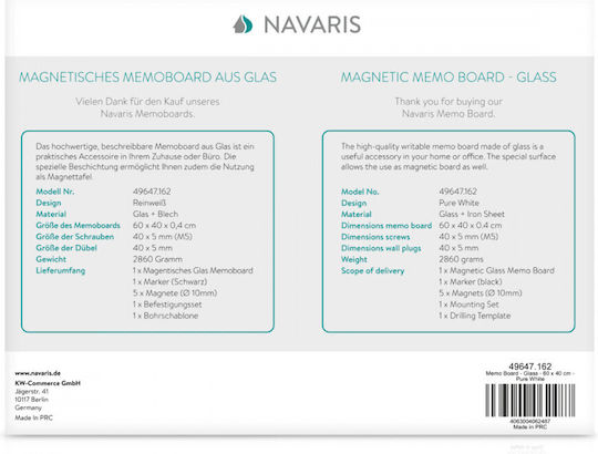 Navaris Magnetisch Trockenlöschtafel Hängend 40x60cm
