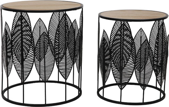 Round Side Table Leaf Wooden Black / Natural 2 Pieces W40xL40xH45cm