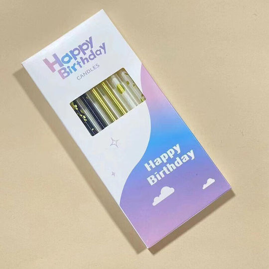 Set 6 Lange Kerzen Flippy Paraffin 10 X 0,5 Cm Happy Birthday Weiße Schwarze Goldene