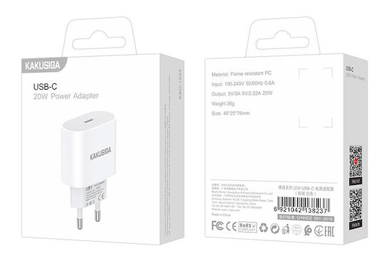Kakusiga Φορτιστής Χωρίς Καλώδιο με Θύρα USB-C 20W Λευκός (KSC-1223)