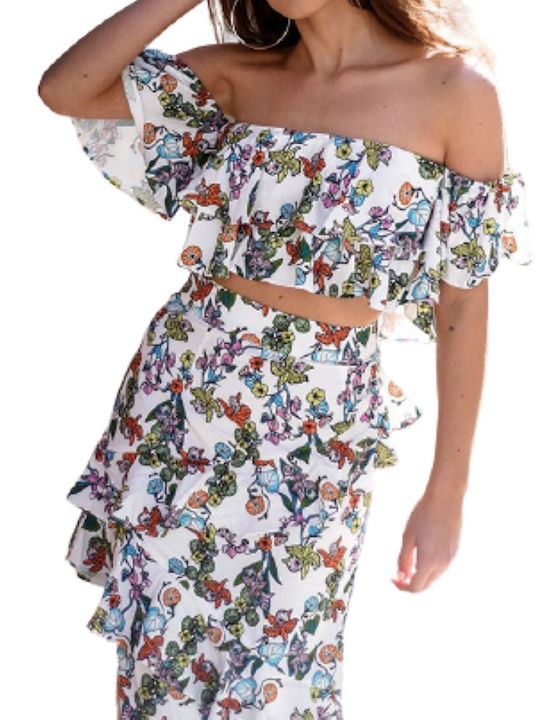 Κοντομάνικη Γυναικεία Μπλούζα Off-Shoulder Floral Πολύχρωμη