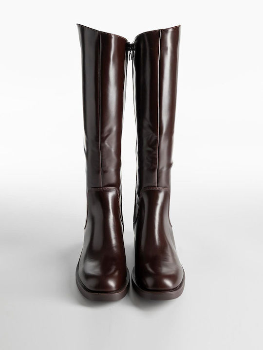 Synthetic Leather Women's Boots with Zipper Brown