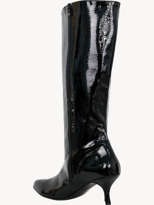 Черен Лакиран Ботуши Широк Крой Kitten Heel