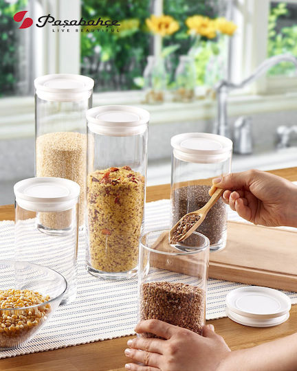 White Set of 2 General Use Glass Transparent Jars with Lid 9x9x23.4cm 2 Pieces