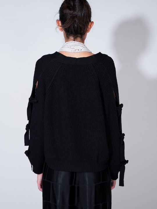 Kurze Gestrickte Damen Strickjacke mit Knöpfen Schwarz