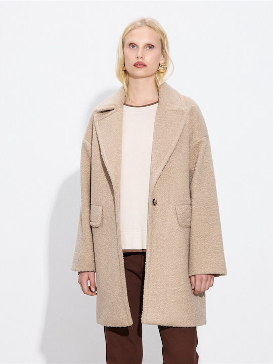 Curly Women's Beige Peacoat with Buttons