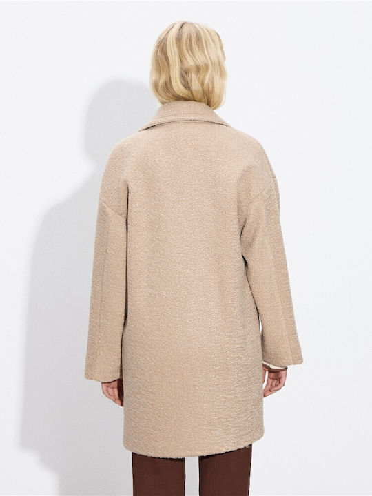 Curly Women's Beige Peacoat with Buttons