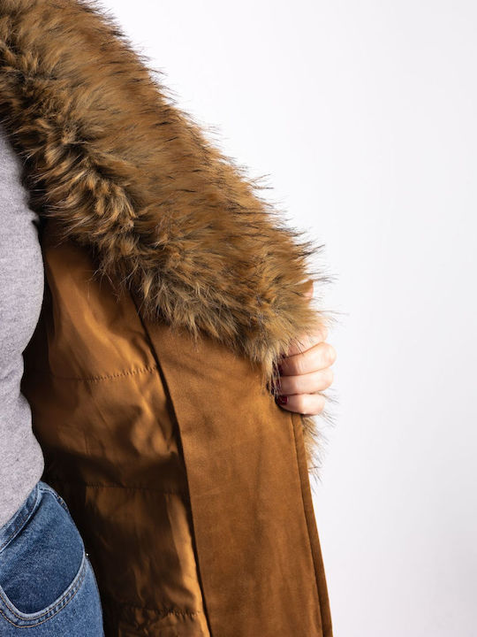 Damen Camel Mantel mit Fellbesatz