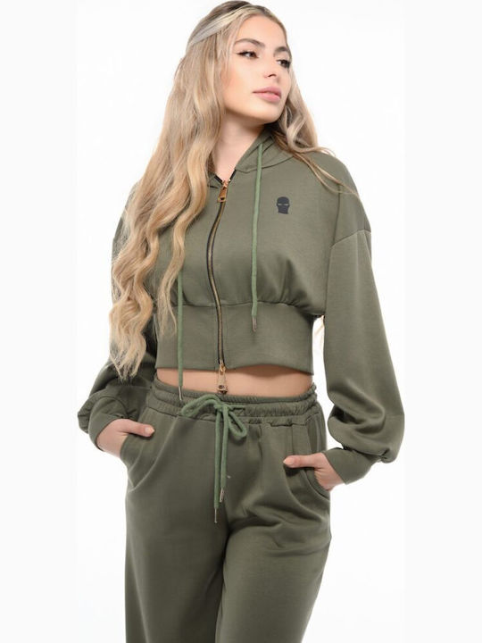 Cropped Γυναικεία Ζακέτα Φούτερ με Κουκούλα Olive