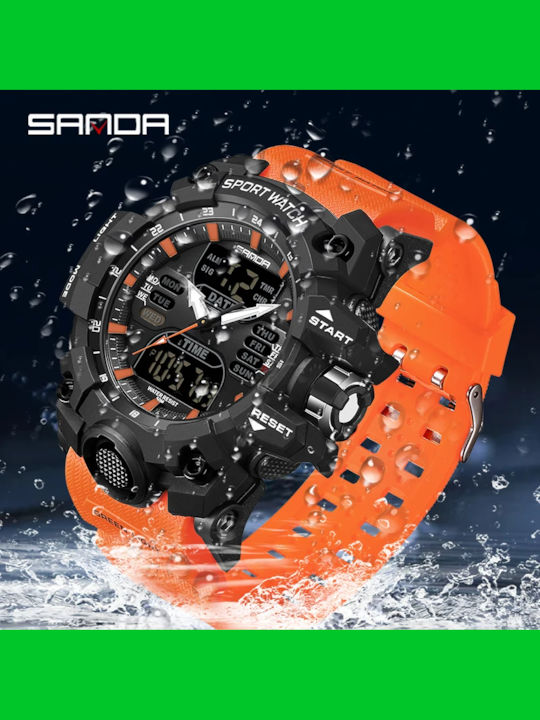 Sanda Digital Men's Watch 55mm Chronograph Battery with Orange Rubber Strap Sanda Digital Men's Watch 55mm Chronograph Battery with Orange Rubber Strap