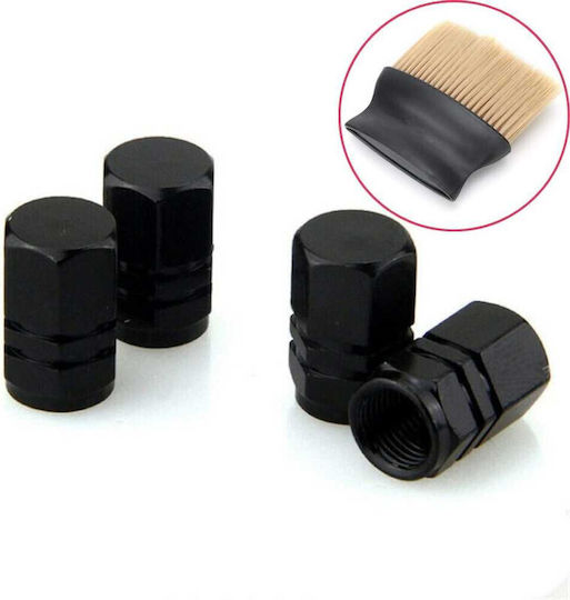 Set 4 Capace Hexagonale Supape Roți Aluminiu 1.8 Cm Negru Perie Softtouch Perii Nailon Mâner Ergonomic