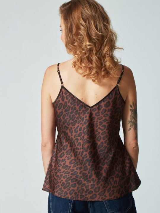 Γυναικείο Σατέν Lingerie Top Animal Print με Δαντέλα Animal Print