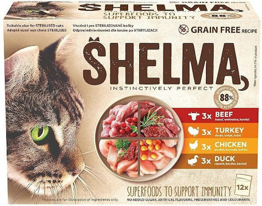 Shelma Nassfutter für Katzen in Beutel mit Meat, Türkei, Ente, Huhn und Rindfleisch ohne Getreide 12x85gr