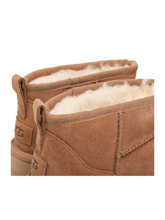 Classic Ultra Mini Platform Suede Women's Ankle Boots with Fur Chestnut