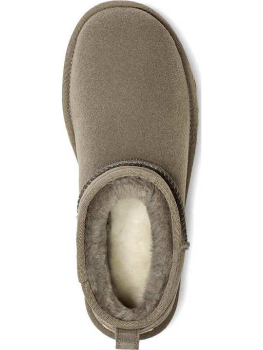 Classic Ultra Mini Leather Women's Ankle Boots with Fur Moss Green