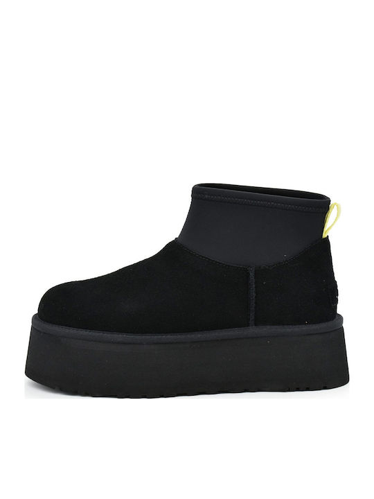 Classic Mini Dipper Puffer Suede Women's Ankle Boots with Fur Black