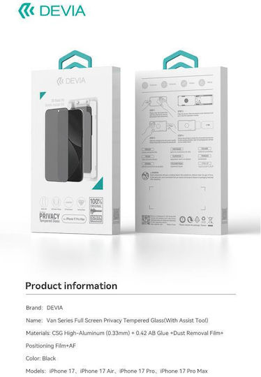 Devia Van Series Premium Privacy Tempered Glass Screen Protector Applicator Full Screen Iphone 17