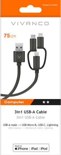Vivanco USB to micro USB / Type-C / Lightning Cable Μαύρο 0.75m