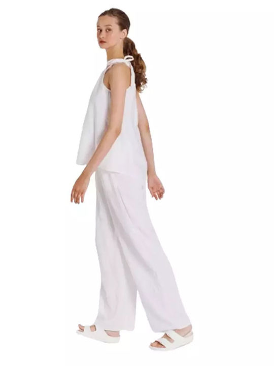 Women's Summer Blouse Linen Off-Shoulder with One Shoulder White