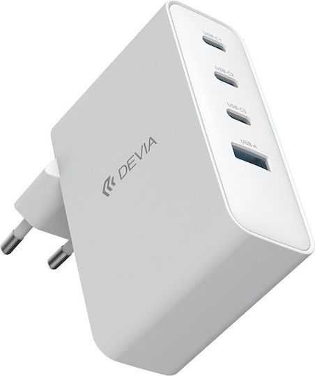 Devia Φορτιστής Χωρίς Καλώδιο GaN με Θύρα USB-A και 3 Θύρες USB-C 100W Power Delivery / Quick Charge 3.0 Λευκός (RCE-10001)