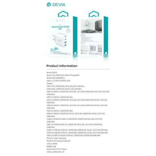 Devia Φορτιστής Χωρίς Καλώδιο με 2 Θύρες USB-A και 2 Θύρες USB-C 40W Power Delivery / Quick Charge 3.0 Λευκός (RCE-4001AACCL)