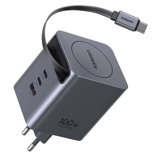 Ugreen Ladegerät GaN mit USB-A Anschluss und 2 USB-C Anschlüsse und Kabel USB-C 100W Stromlieferung Gray (X616)