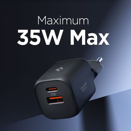 Spigen Φορτιστής Χωρίς Καλώδιο GaN με Θύρα USB-A και Θύρα USB-C 35W Power Delivery Μαύρος (Essential)