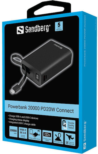 Sandberg Connect Power Bank 20000mAh 20W with USB-A Port and USB-C Port Black