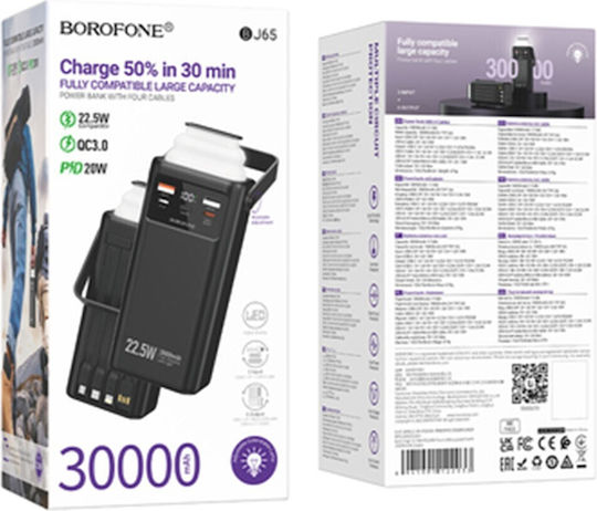 Borofone BJ65 Power Bank 30000mAh 22.5W με 2 Θύρες USB-A και Θύρα USB-C Power Delivery / Quick Charge 3.0 Μαύρο